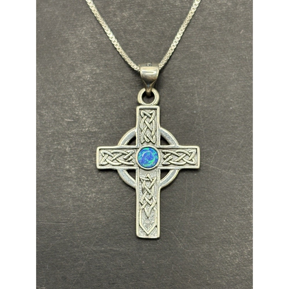 New Condition 18" Sterling Silver LabBlue Opal Celtic Cross Pendant Necklace H20